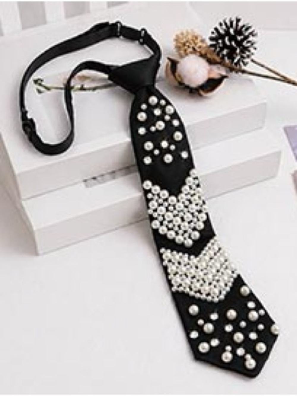 Black Pearl-Embellished Unisex Necktie - Elegant Formal Accessory